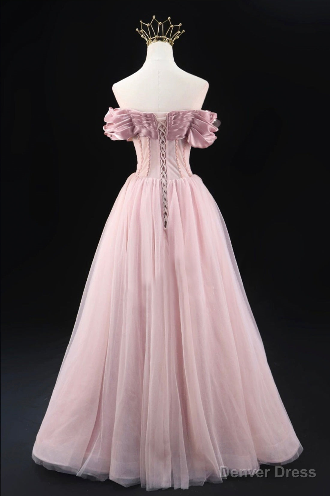 Off the Shoulder Sweetheart Beaded Tulle Long Prom Dress, A Line Pink Prom Dresses