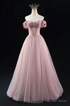 Off the Shoulder Sweetheart Beaded Tulle Long Prom Dress, A Line Pink Prom Dresses
