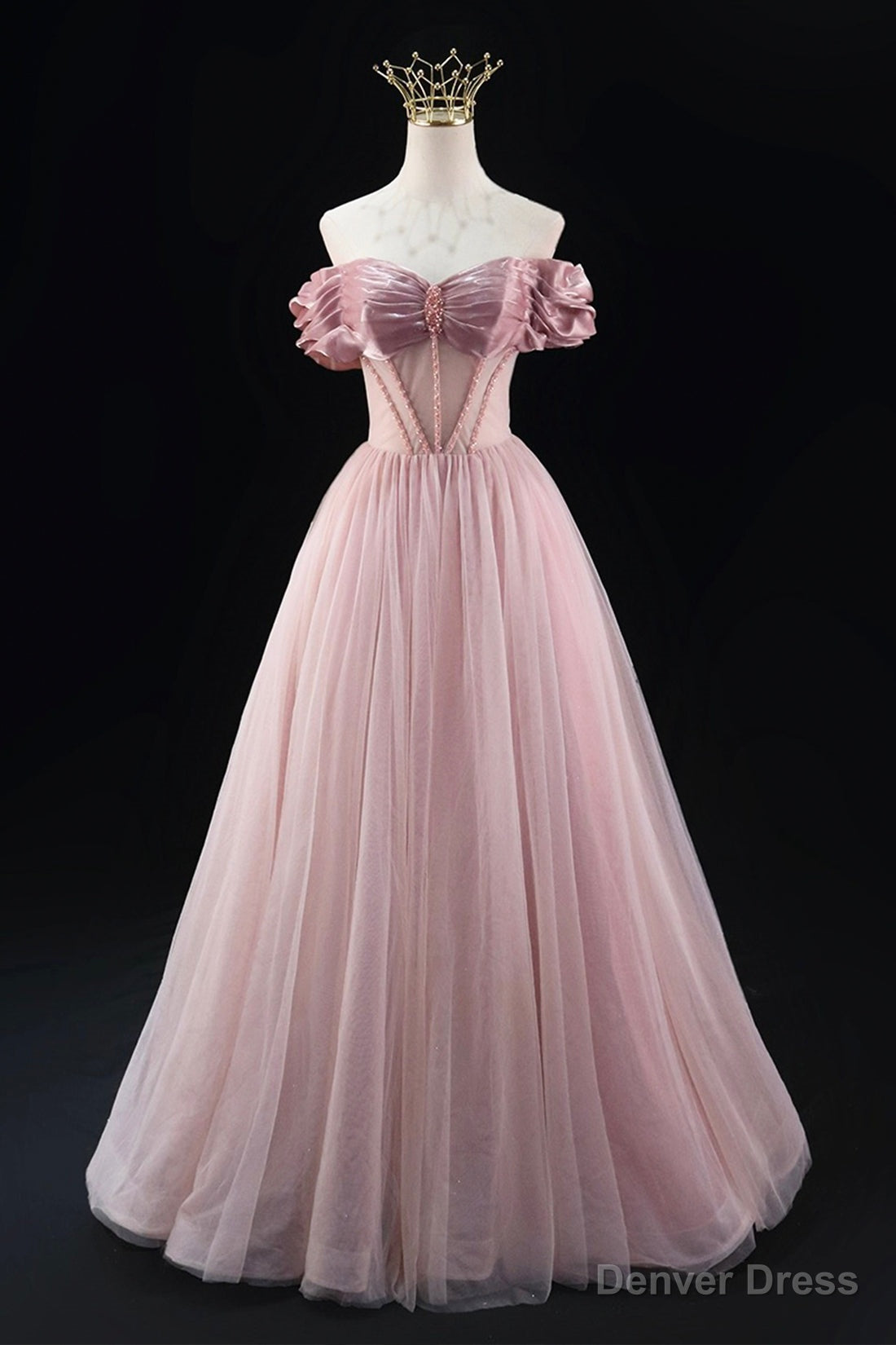Off the Shoulder Sweetheart Beaded Tulle Long Prom Dress, A Line Pink Prom Dresses