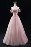 Off the Shoulder Sweetheart Beaded Tulle Long Prom Dress, A Line Pink Prom Dresses