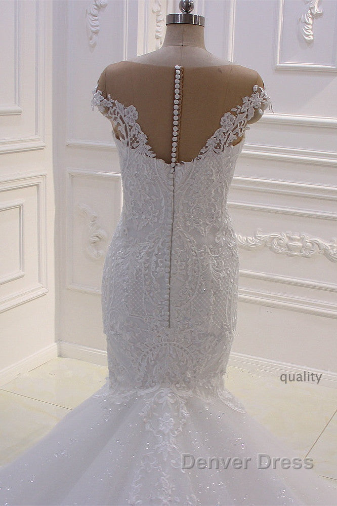 Off the Shoulder Sweetheart White Lace Appliques Tulle Mermaid Wedding Dresses Secondary image