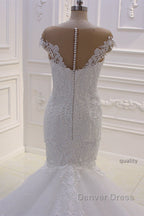 Off the Shoulder Sweetheart White Lace Appliques Tulle Mermaid Wedding Dresses