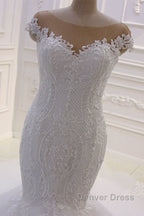 Off the Shoulder Sweetheart White Lace Appliques Tulle Mermaid Wedding Dresses
