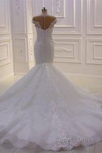 Off the Shoulder Sweetheart White Lace Appliques Tulle Mermaid Wedding Dresses