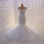 Off the Shoulder Sweetheart White Lace Appliques Tulle Mermaid Wedding Dresses