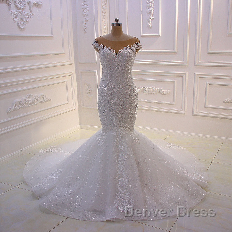 Off the Shoulder Sweetheart White Lace Appliques Tulle Mermaid Wedding Dresses