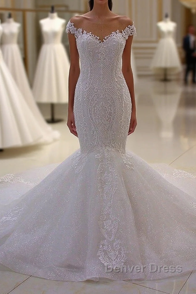 Off the Shoulder Sweetheart White Lace Appliques Tulle Mermaid Wedding Dresses Main image