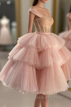 Off The Shoulder Tiered Pink Homecoming Dresses