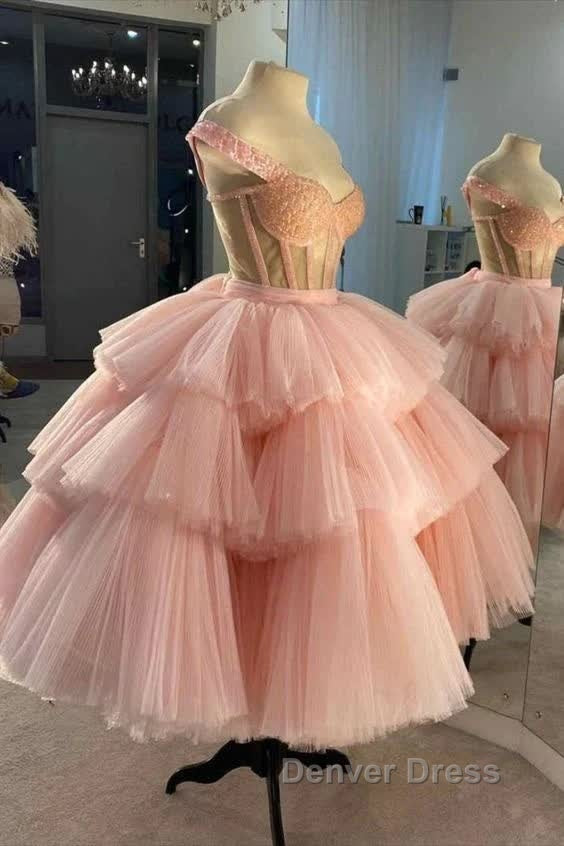 Off The Shoulder Tiered Pink Homecoming Dresses Secondary image
