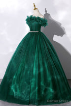 Off the Shoulder Tulle Long Prom Dress, Green A-Line Evening Graduation Dress