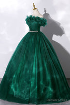 Off the Shoulder Tulle Long Prom Dress, Green A Line Prom Graduation Dresses