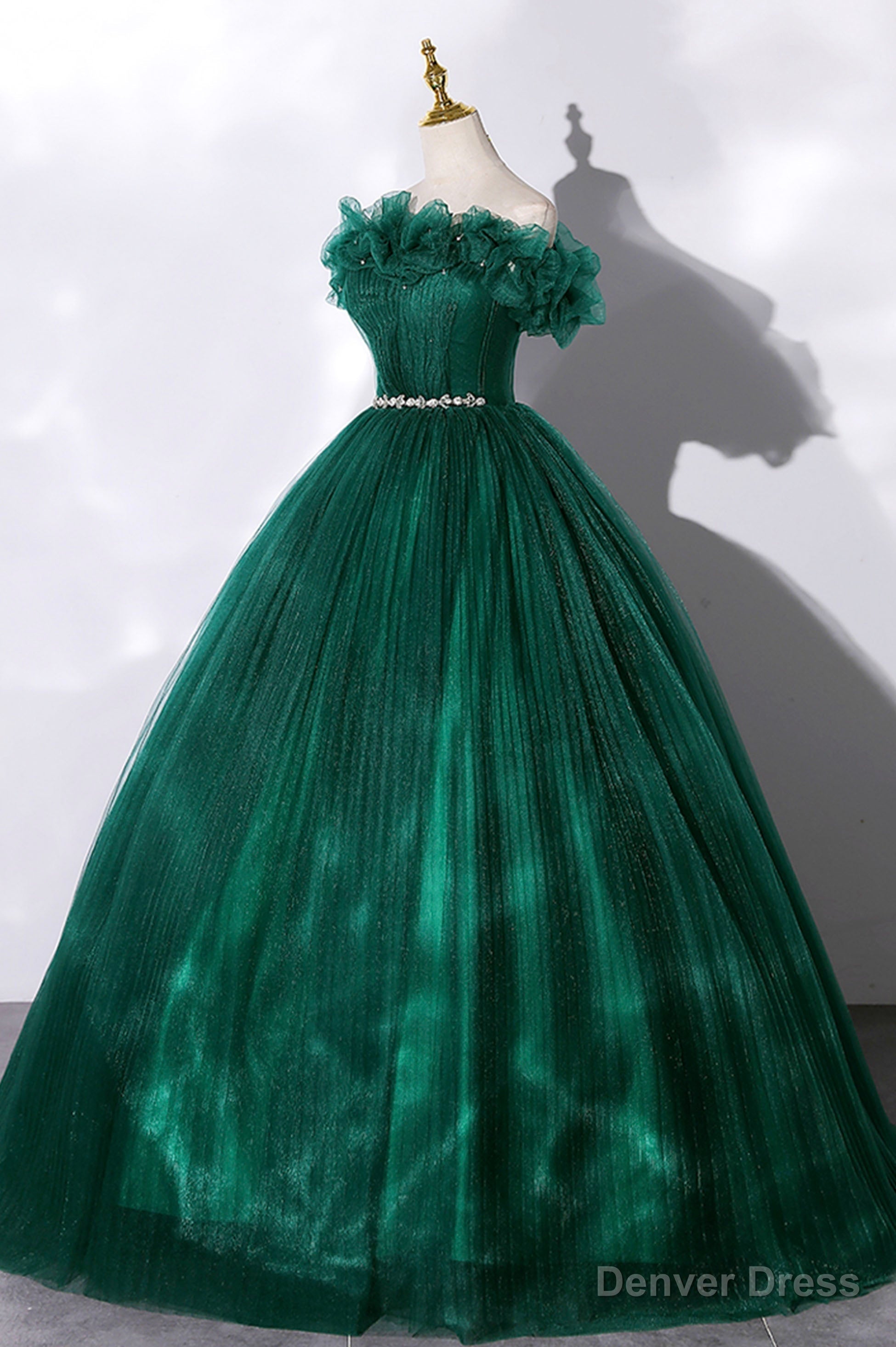 Off the Shoulder Tulle Long Prom Dress, Green A Line Prom Graduation Dresses