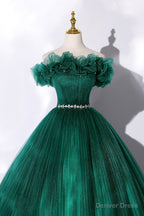 Off the Shoulder Tulle Long Prom Dress, Green A Line Prom Graduation Dresses
