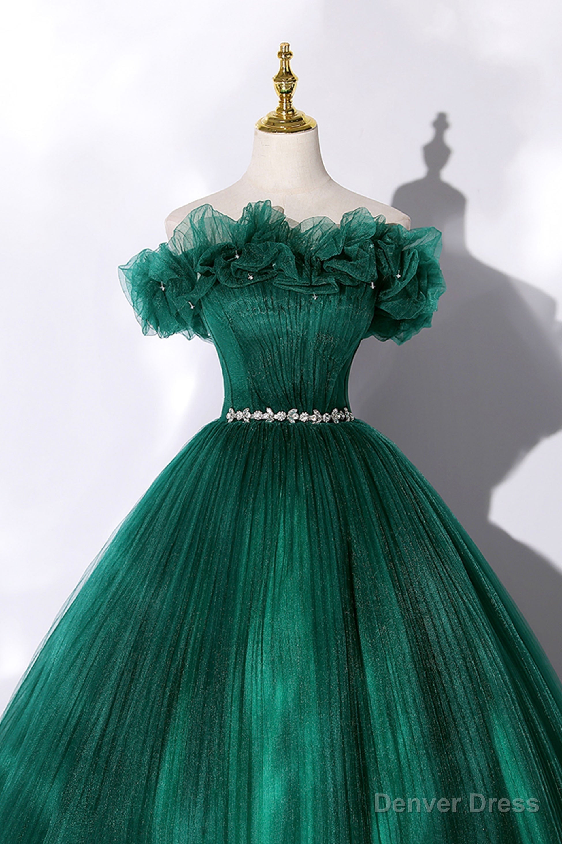 Off the Shoulder Tulle Long Prom Dress, Green A Line Prom Graduation Dresses