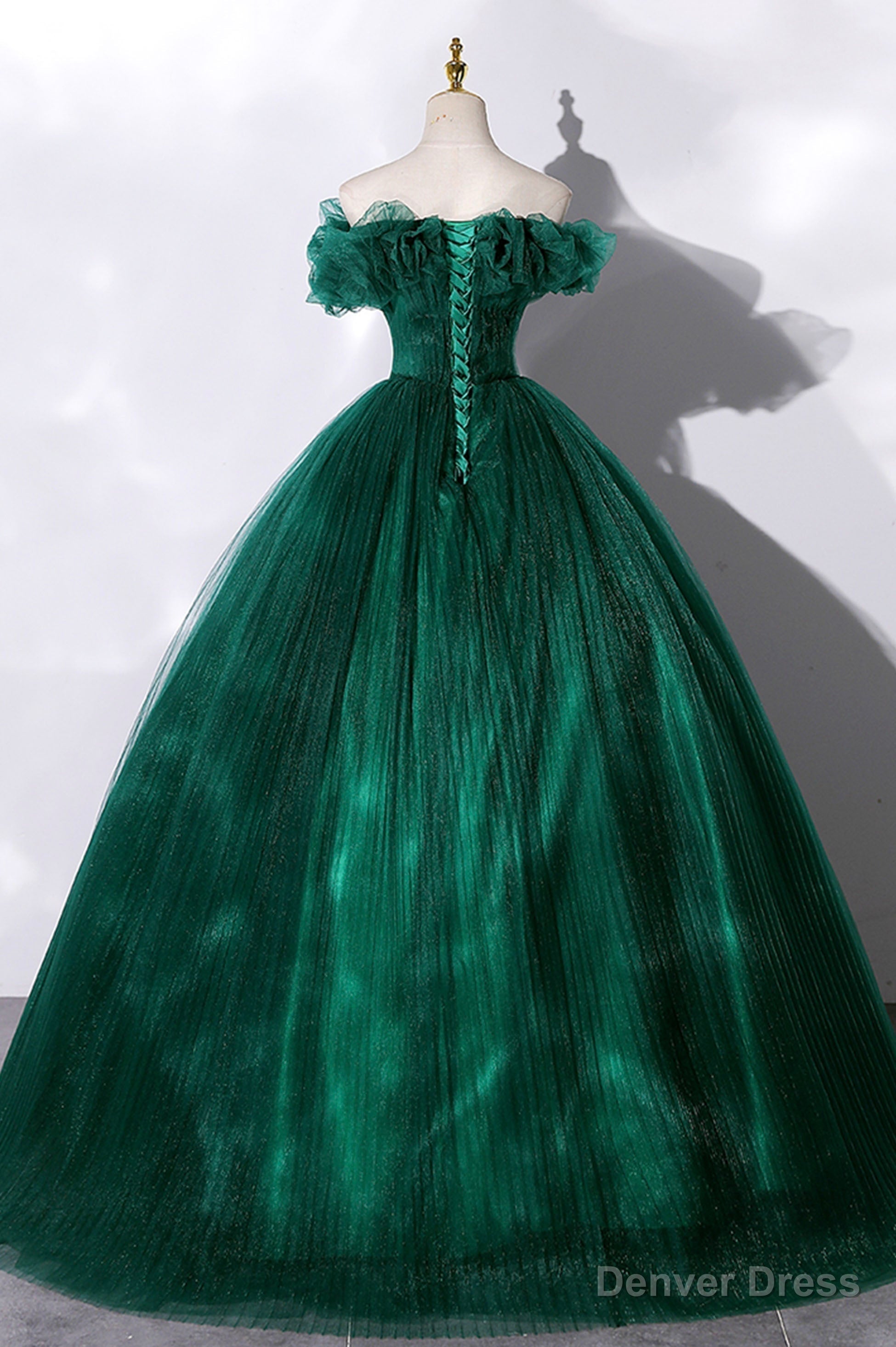 Off the Shoulder Tulle Long Prom Dress, Green A Line Prom Graduation Dresses