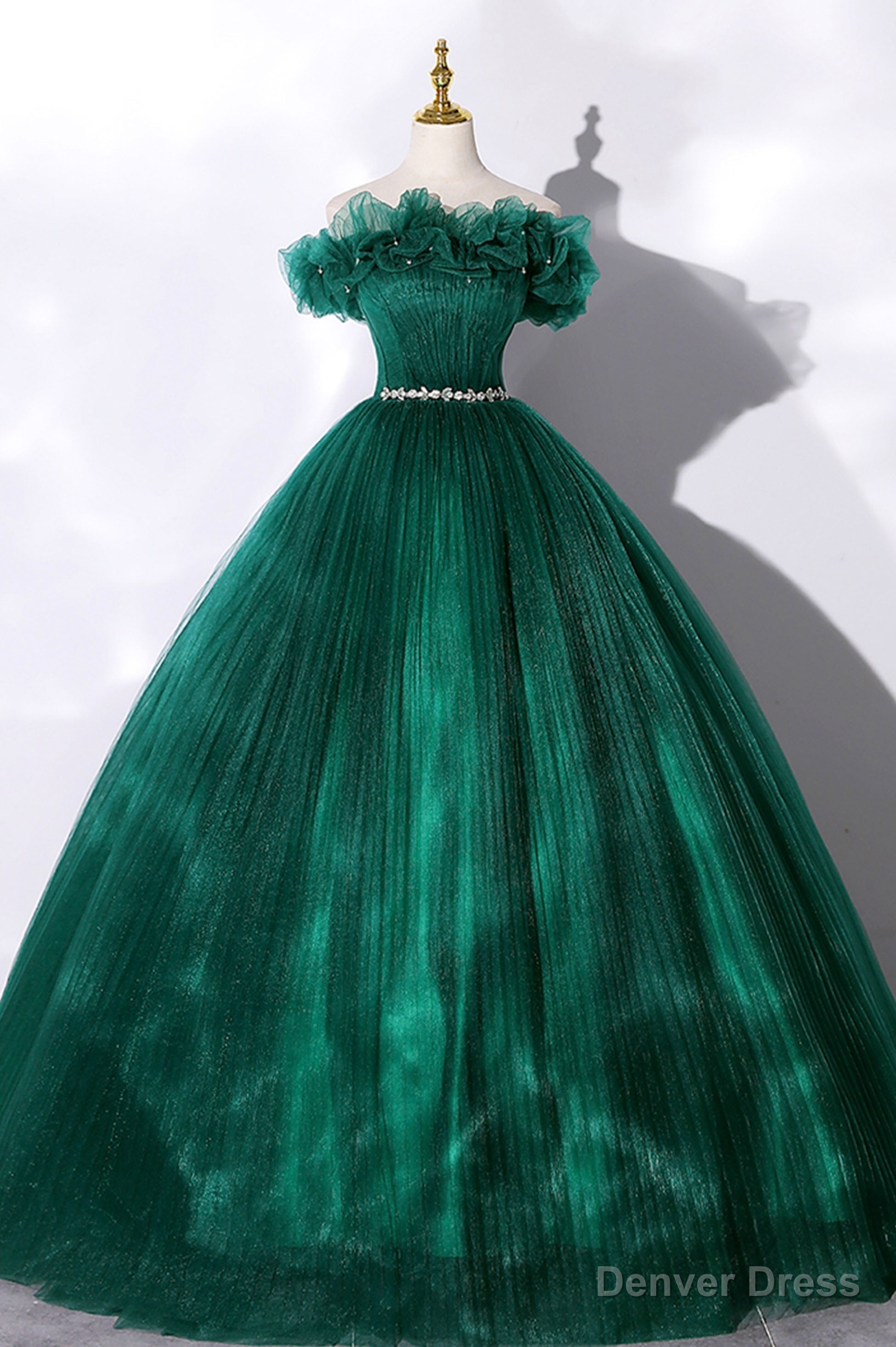 Off the Shoulder Tulle Long Prom Dress, Green A-Line Evening Graduation Dress Main image