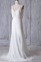 Off-The-Shoulder V Neck Backless Sheath Lace Chiffon Long Beach Wedding Dresses