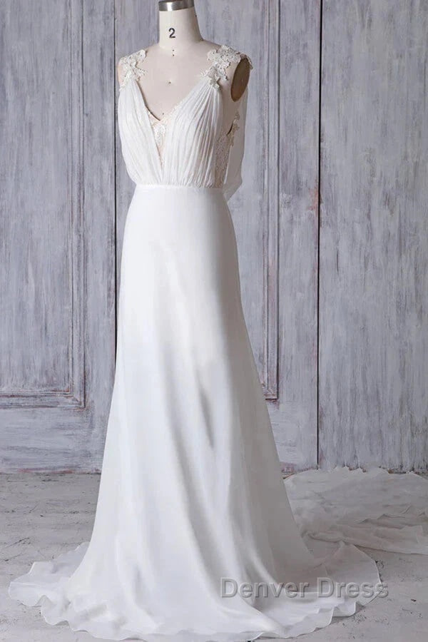 Off The Shoulder V Neck Backless Sheath Lace Chiffon Long Beach Wedding Dresses