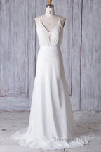 Off The Shoulder V Neck Backless Sheath Lace Chiffon Long Beach Wedding Dresses