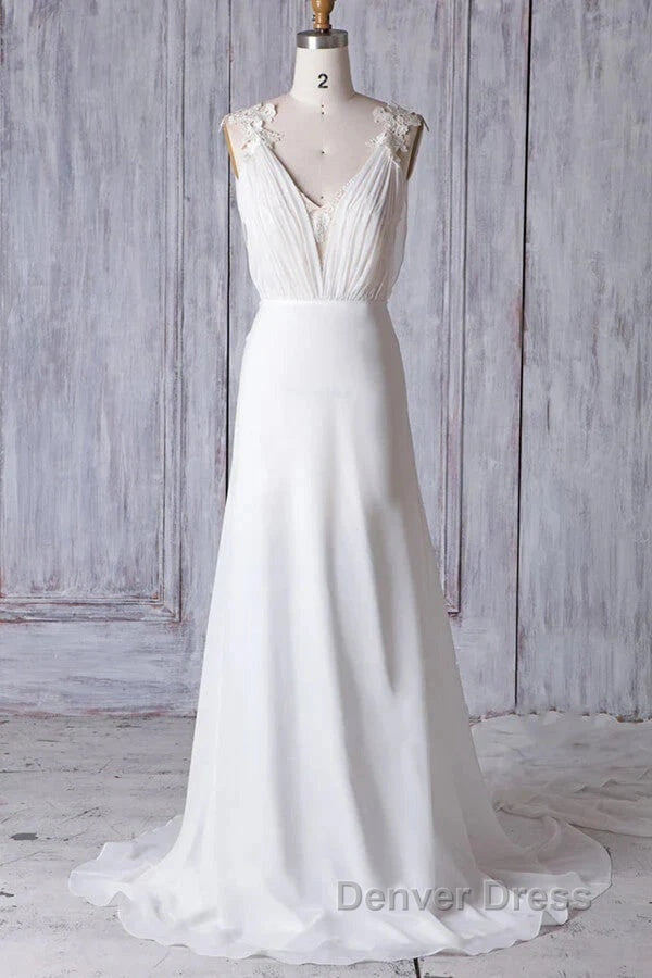 Off The Shoulder V Neck Backless Sheath Lace Chiffon Long Beach Wedding Dresses