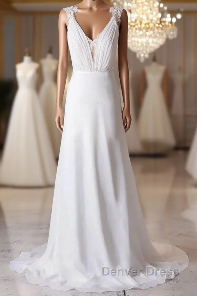 Off-The-Shoulder V Neck Backless Sheath Lace Chiffon Long Beach Wedding Dresses Main image