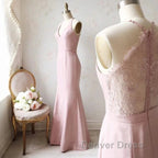 Off The Shoulder V Neck Mermaid Dusty Pink Floor Length Lace Bridesmaid Dresses