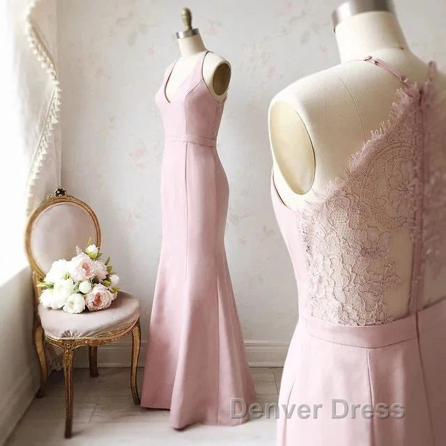 Off The Shoulder V Neck Mermaid Dusty Pink Floor Length Lace Bridesmaid Dresses