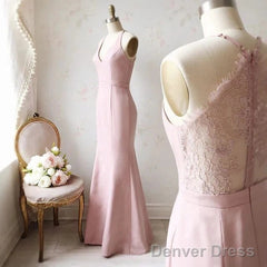 Off-The-Shoulder V Neck Mermaid Dusty Pink Floor Length Lace Bridesmaid Dress