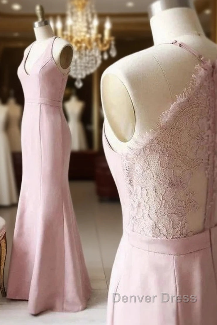 Off The Shoulder V Neck Mermaid Dusty Pink Floor Length Lace Bridesmaid Dresses Main image