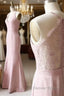 Off The Shoulder V Neck Mermaid Dusty Pink Floor Length Lace Bridesmaid Dresses