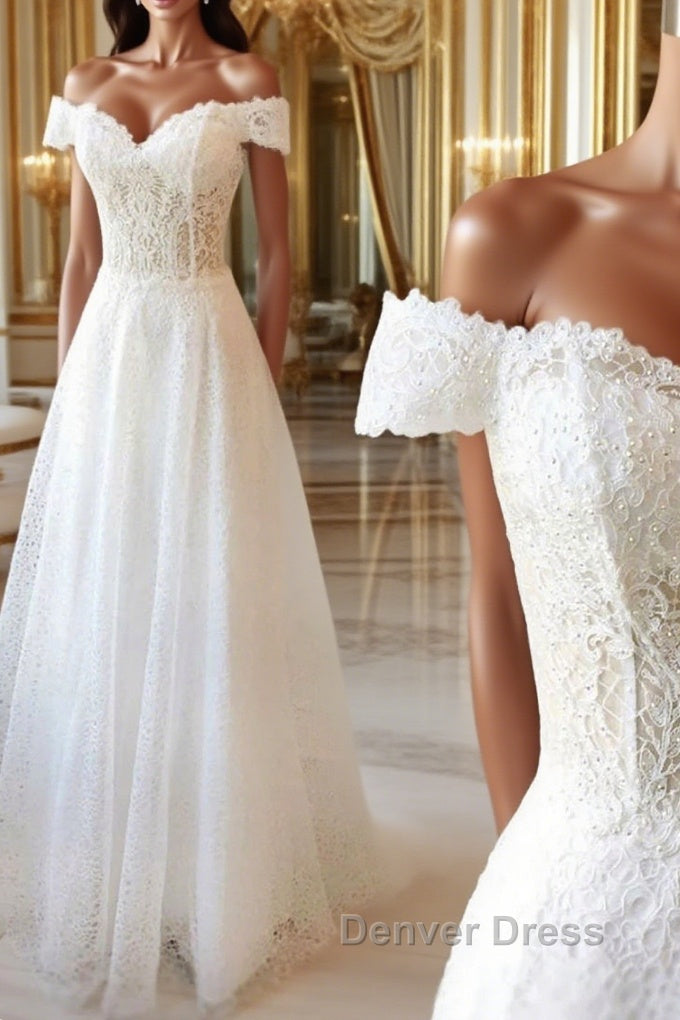 Off the Shoulder White Lace Long Prom Dresses withe Beading, Off Shoulder White Lace Formal Dresses, White Lace Evening Dresses Main image