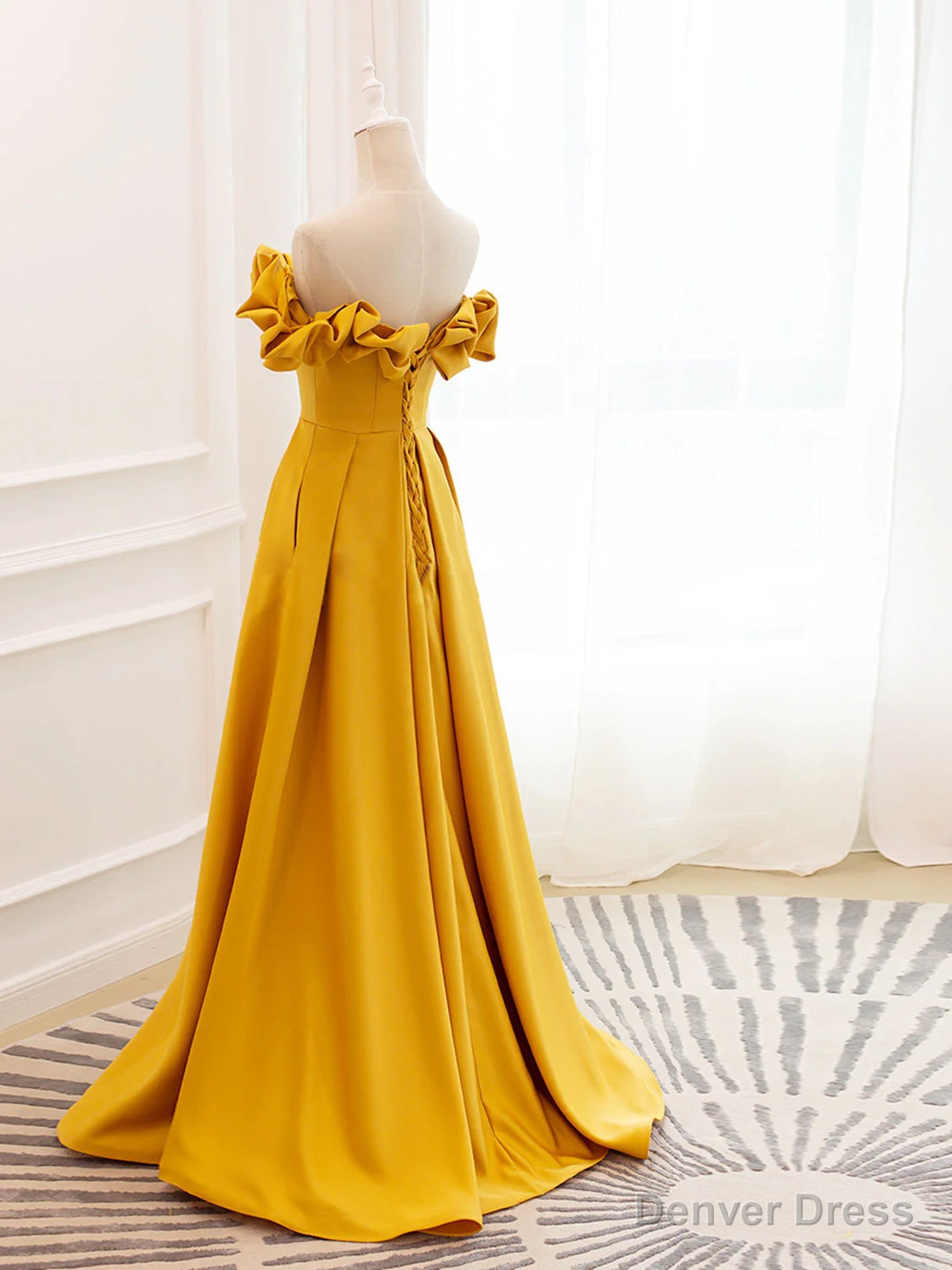 Off the Shoulder Yellow Burgundy Long Prom Dresses, Yellow Wine Red Long Satin Formal Dresses Secondary image