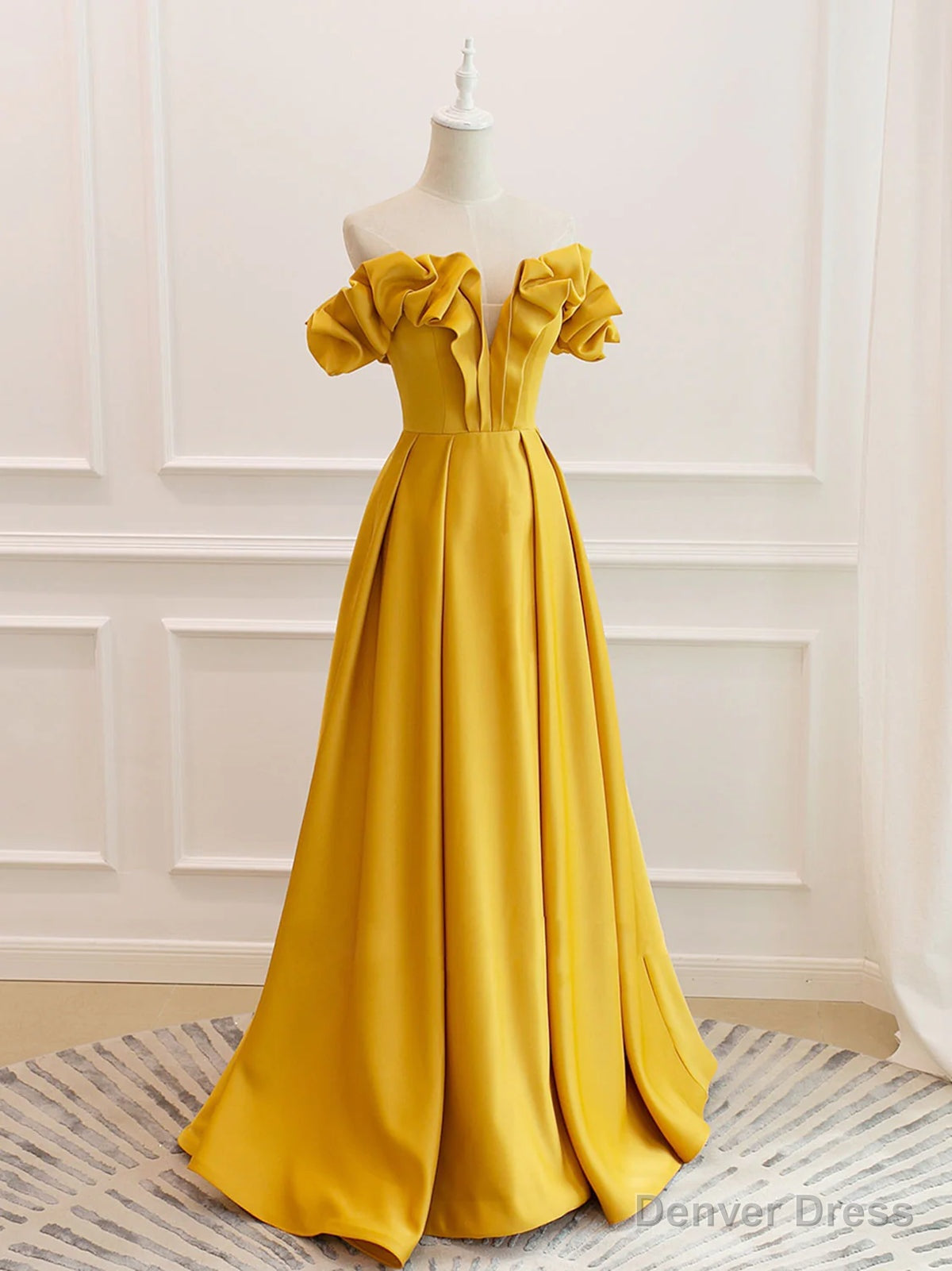 Off the Shoulder Yellow Burgundy Long Prom Dresses, Yellow Wine Red Long Satin Formal Dresses Main image