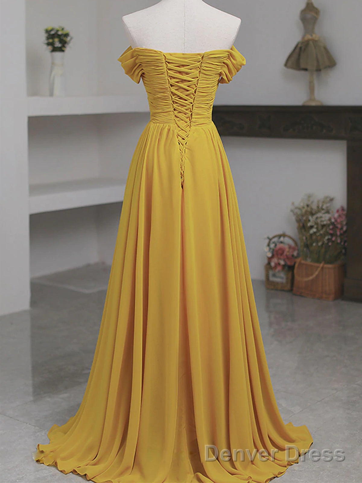 Off The Shoulder Yellow Chiffon Long Prom Dress, Yellow Long Prom Bridesmaid Dresses Secondary image