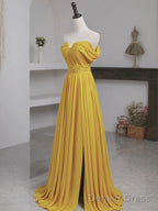 Off The Shoulder Yellow Chiffon Long Prom Dresses, Yellow Long Formal Bridesmaid Dresses