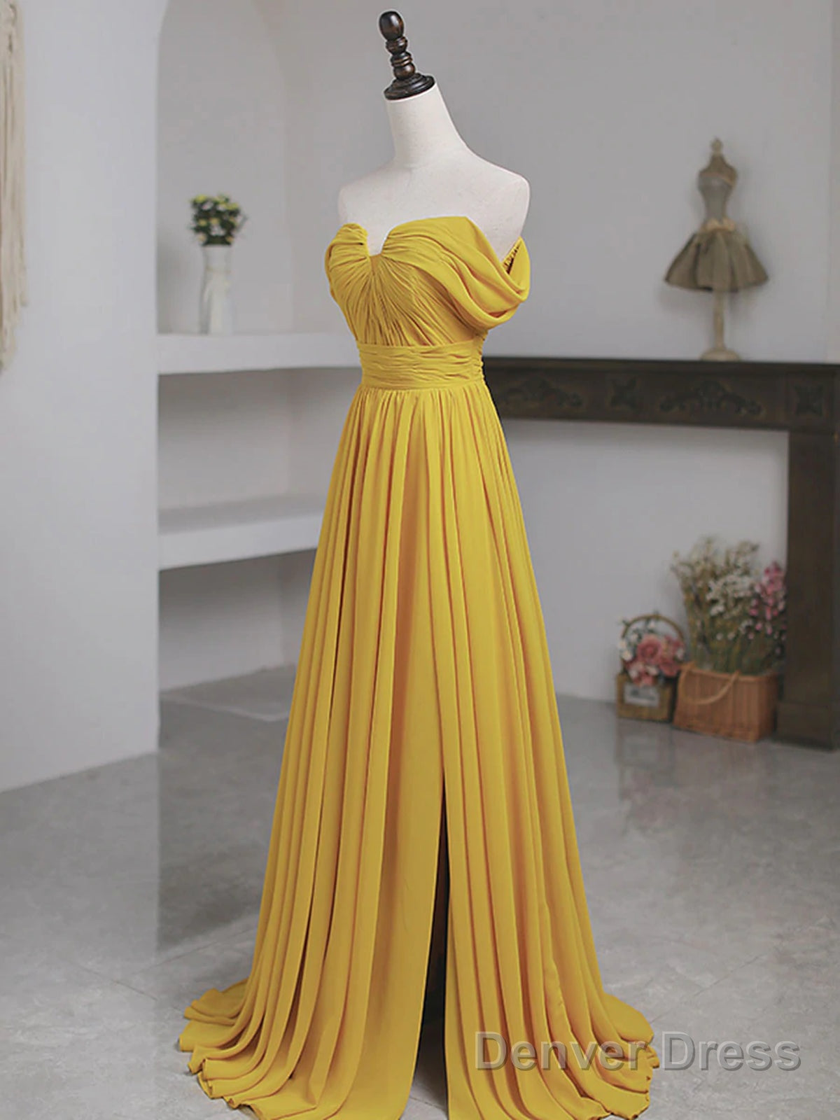Off The Shoulder Yellow Chiffon Long Prom Dresses, Yellow Long Formal Bridesmaid Dresses