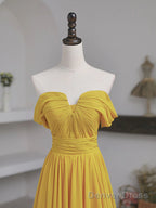 Off The Shoulder Yellow Chiffon Long Prom Dresses, Yellow Long Formal Bridesmaid Dresses