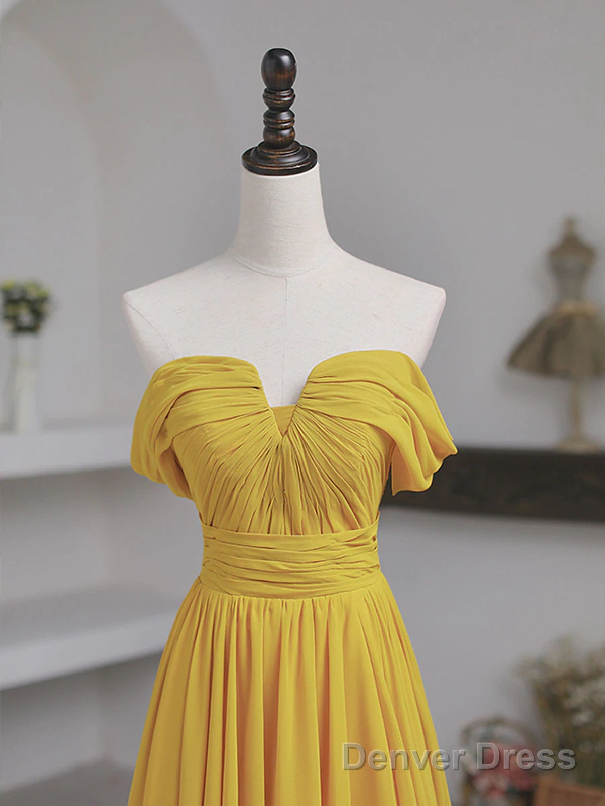 Off The Shoulder Yellow Chiffon Long Prom Dress, Yellow Long Prom Bridesmaid Dresses