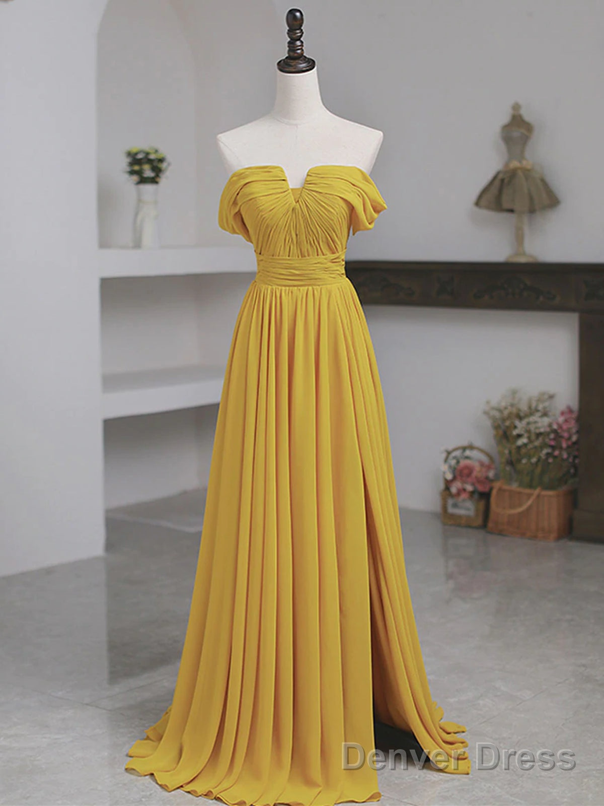 Off The Shoulder Yellow Chiffon Long Prom Dress, Yellow Long Prom Bridesmaid Dresses Main image