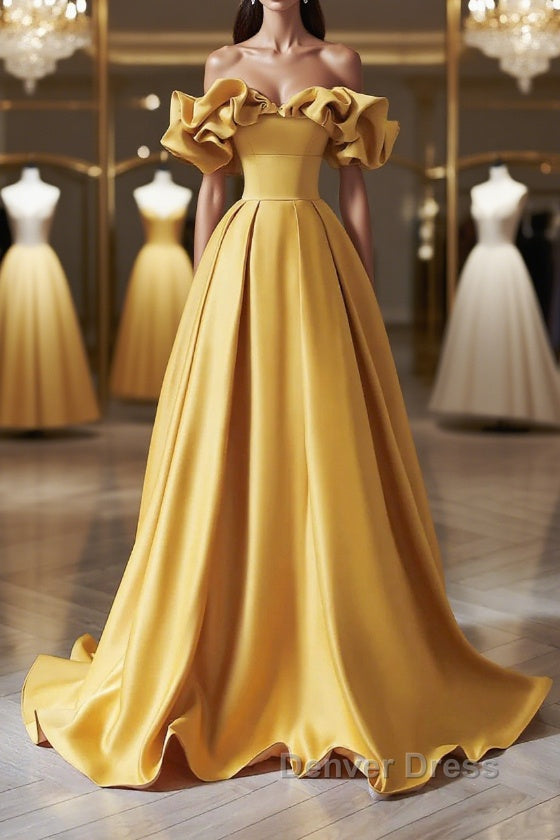 Off the Shoulder Yellow Satin Long Prom Dress, Off Shoulder Yellow Long Prom Dresses Main image