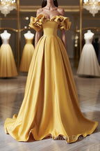 Off the Shoulder Yellow Satin Long Prom Dress, Off Shoulder Yellow Long Prom Dresses