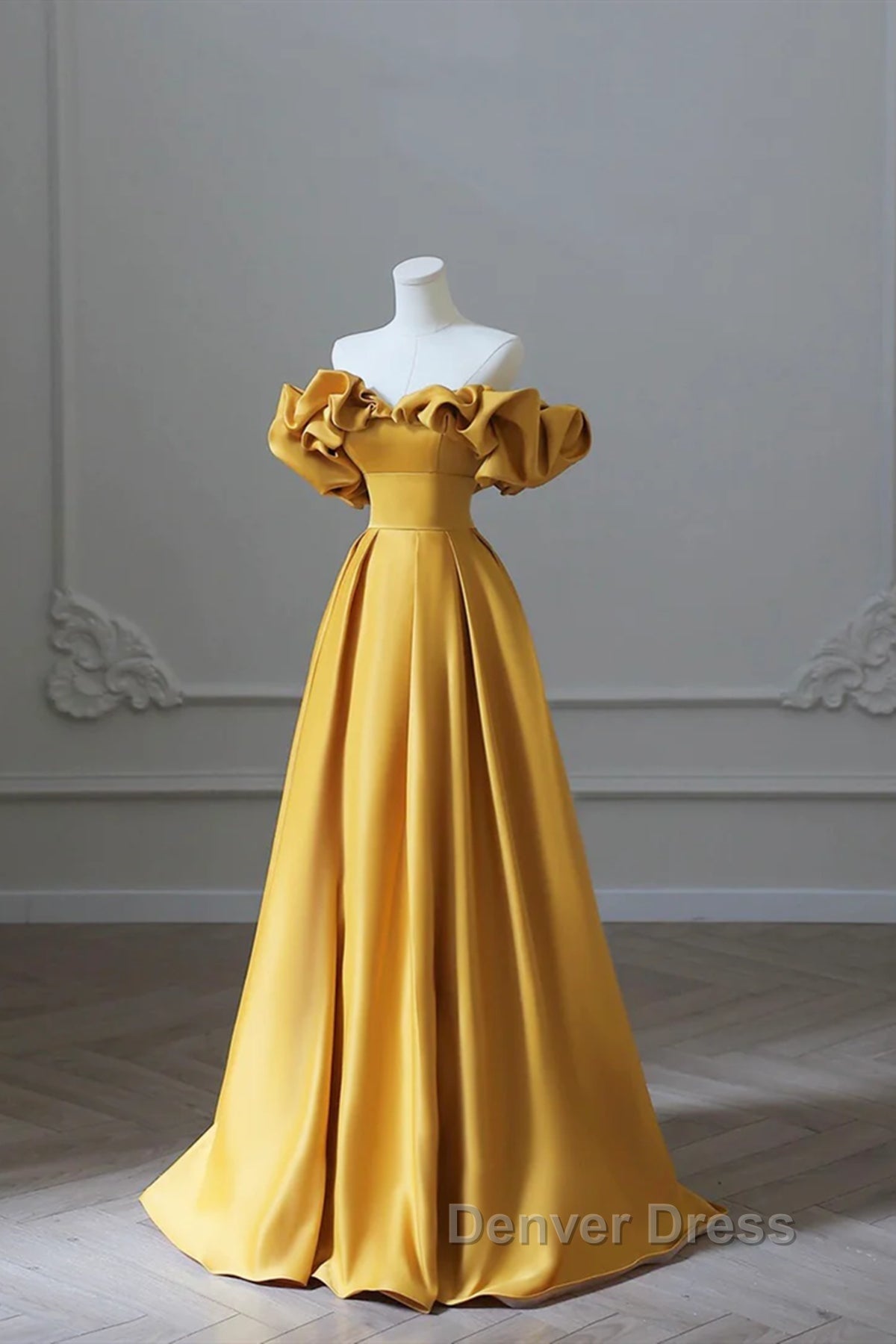 Off the Shoulder Yellow Satin Long Prom Dress, Off Shoulder Yellow Long Prom Dresses Secondary image