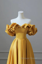 Off the Shoulder Yellow Satin Long Prom Dress, Off Shoulder Yellow Long Prom Dresses