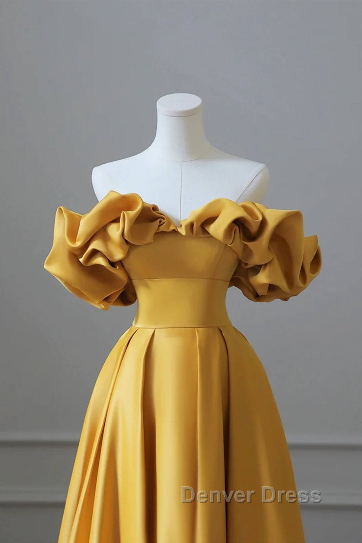 Off the Shoulder Yellow Satin Long Prom Dress, Off Shoulder Yellow Long Prom Dresses