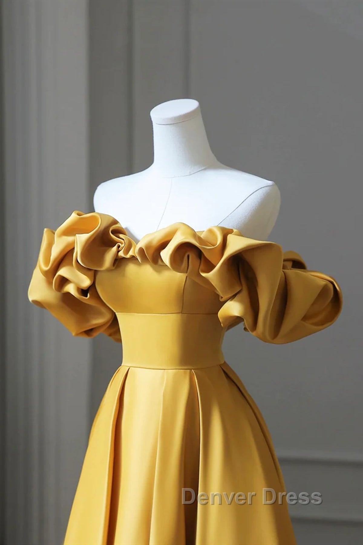 Off the Shoulder Yellow Satin Long Prom Dress, Off Shoulder Yellow Long Prom Dresses