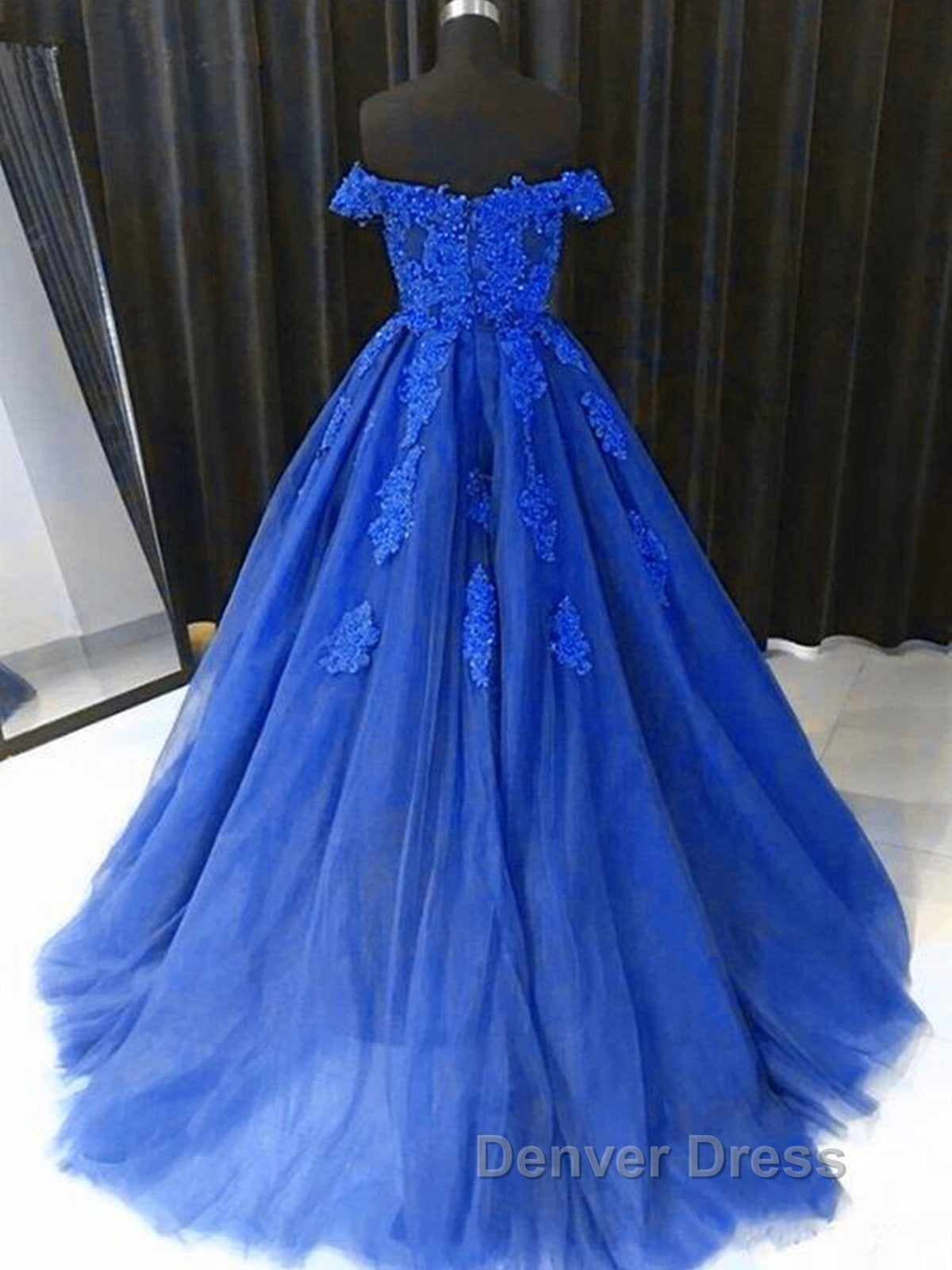 Off the Shouler Royal Blue Lace Prom Dress, Off Shoulder Blue Lace Pro