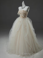 Off-White A-Line Straps Tulle Long Prom Dresses Simple Applique Wedding Dresses