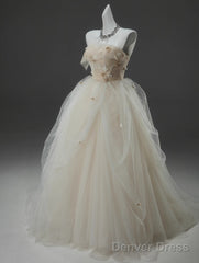 Off-White A-Line Straps Tulle Long Prom Dress Simple Applique Wedding Dress