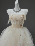 Off White A Line Straps Tulle Long Prom Dress Simple Applique Wedding Dresses