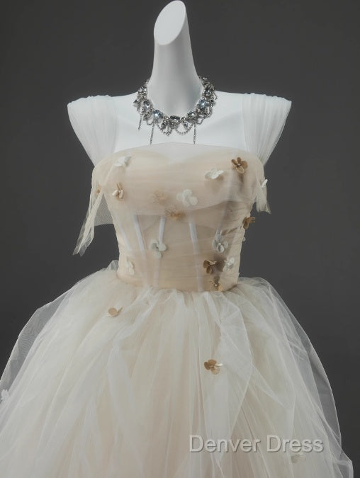 Off White A Line Straps Tulle Long Prom Dress Simple Applique Wedding Dresses